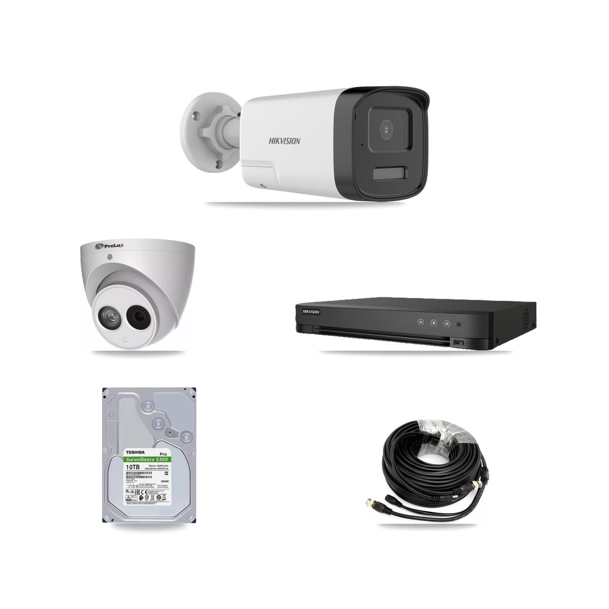 Hikvision & Prolux 8-Channel 4MP – 5MP CCTV Kit — 7 DS-2CE17K0T-LXTS 5MP Bullet + 1 PXC-612C4W-A-POC 4MP Turret Cameras + 10TB Recording (IDS-7208HUHI-M1/E Recorder)