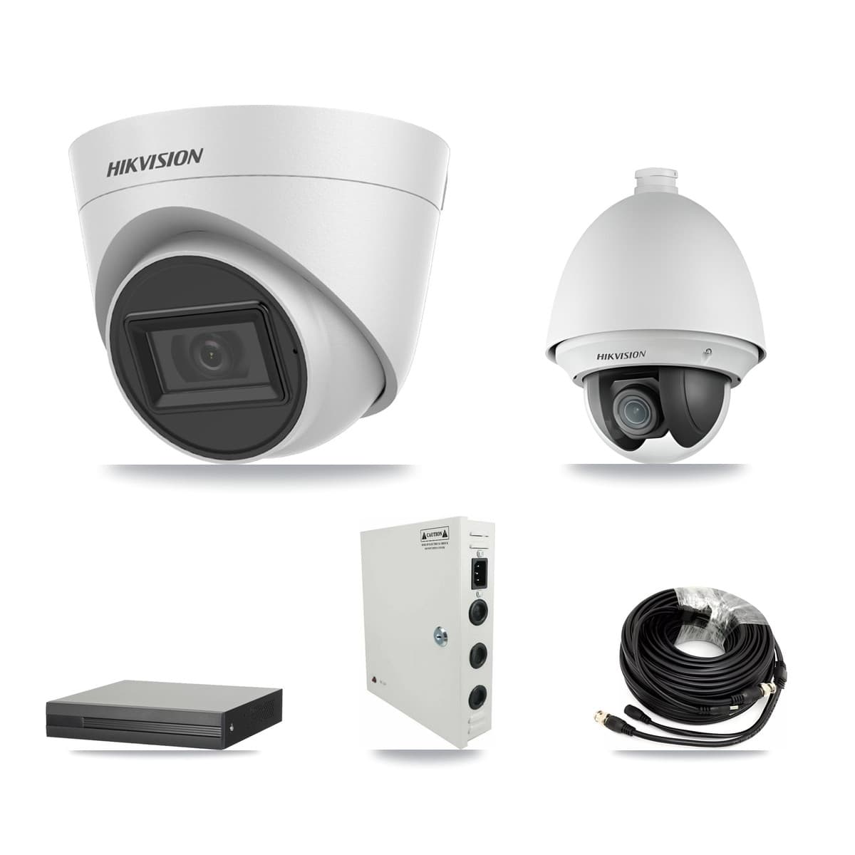 Hikvision 8-Channel 2MP – 5MP CCTV Kit — 1 2MP PTZ + 5 White 5MP Turret Cameras + 8TB Recording (XVR-3108HS Recorder)