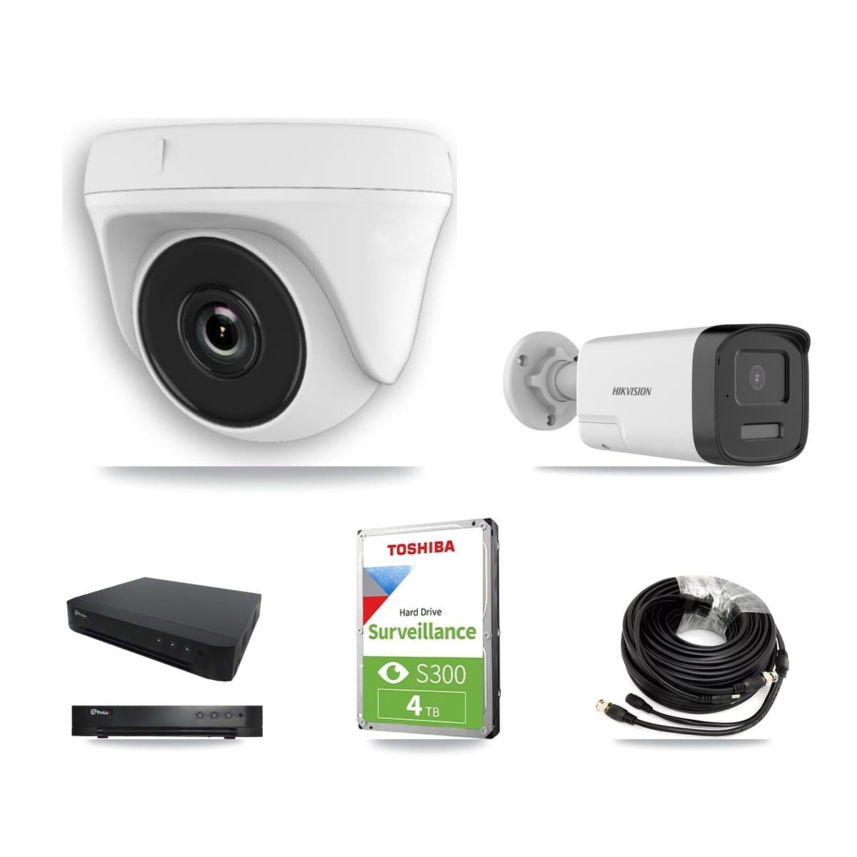 Hikvision & Prolux 16-Channel 2MP – 5MP CCTV Kit — 1 DS-2CE17K0T 5MP Bullet + 4 White HDT-2MP-N20W 2MP Dome Cameras + 4TB Recording