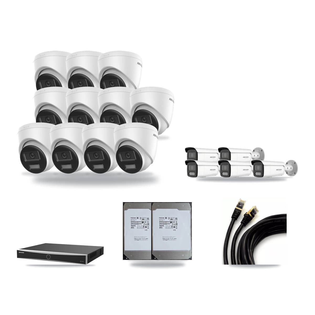 Hikvision 16-Channel 4K CCTV Kit — 11 DS-2CD1383G2-LIUF/SL Turret + 5 White DS-2CD2T87G2H-LISU/SL-2.8MM-W Bullet Cameras + 2× 14TB Recording (DS-7616NXI-K2/16P(E) Recorder) - Image 1