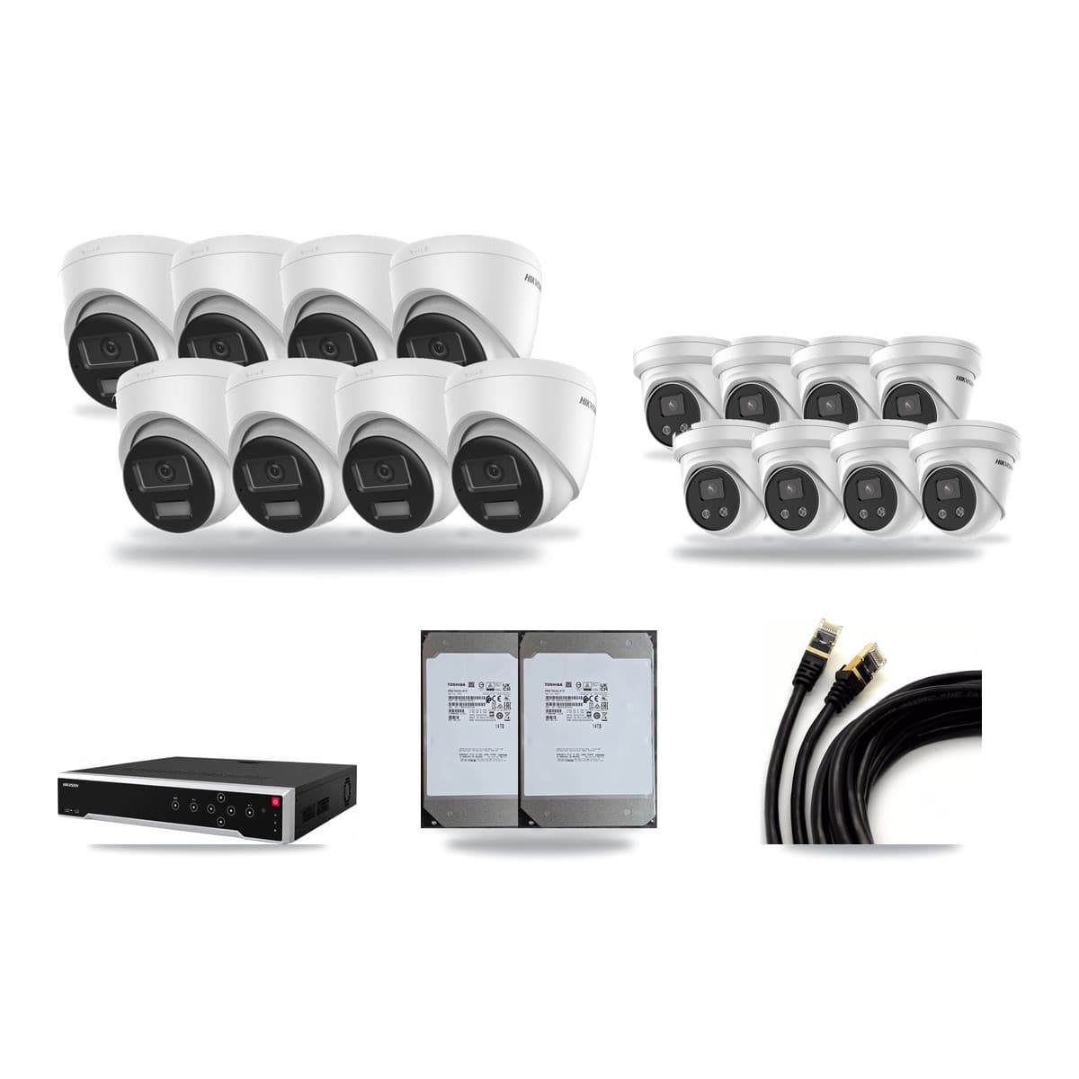 Hikvision 32-Channel 5MP – 4K CCTV Kit — 8 DS-2CD1383G2-LIU 4K + 8 DS-2CD3356G2-ISU 5MP Turret Cameras + 2× 14TB Recording (DS-7732NI-M4/24P Recorder) - Image 1