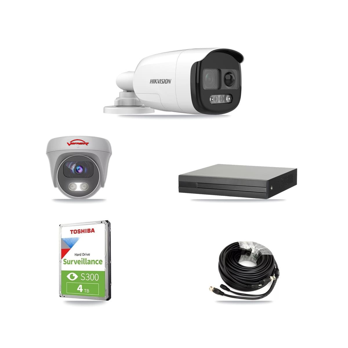 Hikvision & Viper 4-Channel 5MP CCTV Kit — 2 DS-2CE12KF3T Bullet + 1 White VIPER-5MP-3K Cameras + 4TB Recording (XVR-3104HS Recorder)