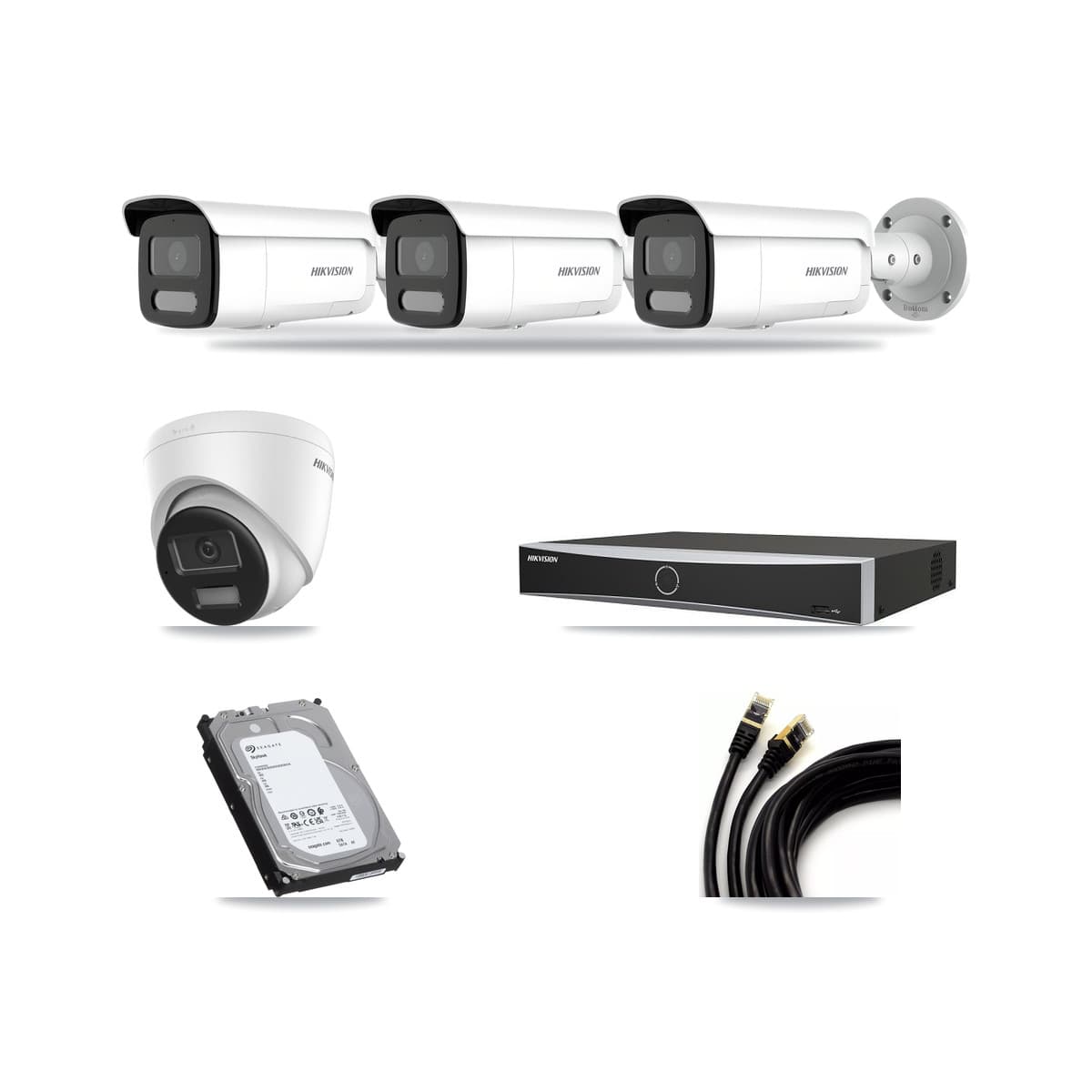 Hikvision 4-channel CCTV kit: 4 cameras (3× 4MP Bullet + 1× 4K Turret), 6TB hard drive