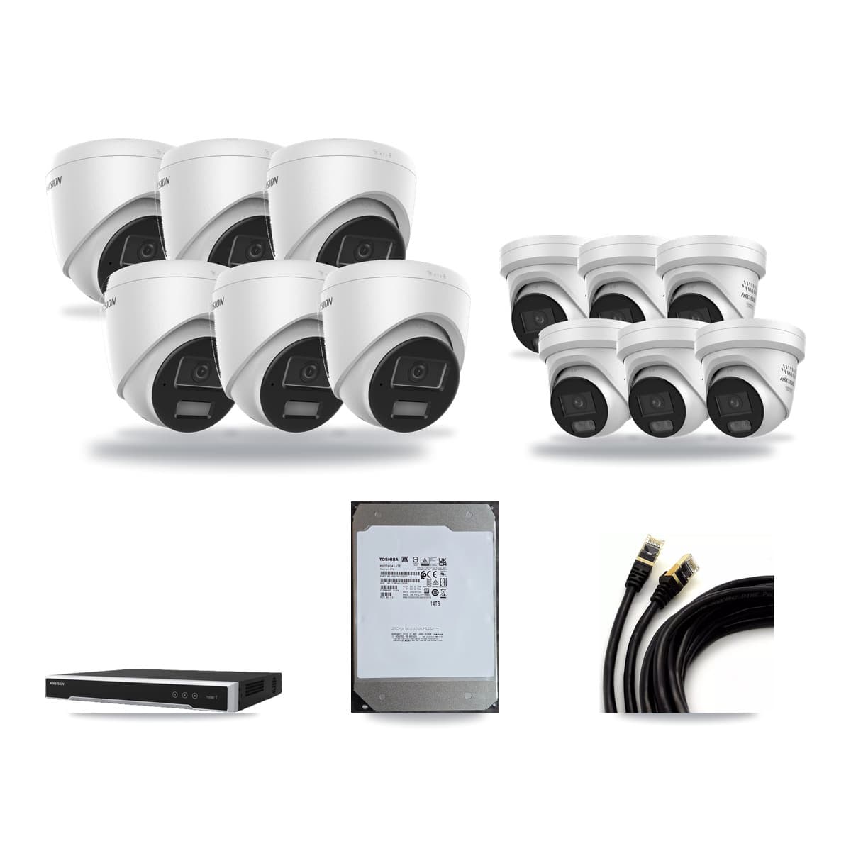 Hikvision 16-Channel 4MP CCTV Kit — 6 DS-2CD1343G2 + 6 DS-2CD2347G3 Turret Cameras + 14TB Recording (DS-7616NI-M2 Recorder) - Image 1