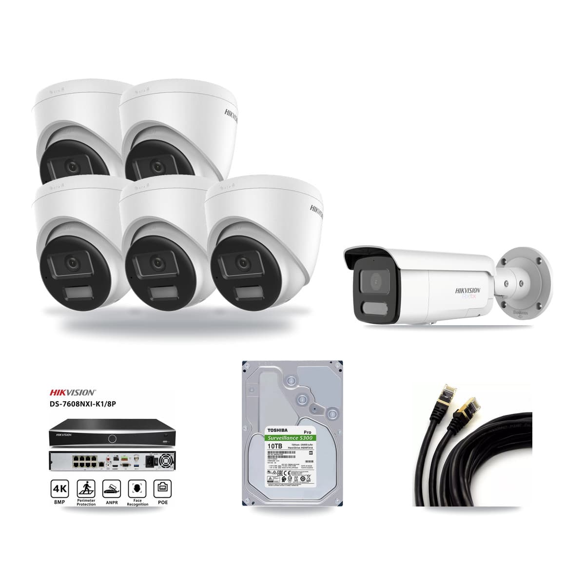 Hikvision 8-Channel 4K CCTV Kit — 5 DS-2CD1383G2-LIUF/SL Turret + 1 White DS-2CD2T87G2H-LISU/SL-2.8MM-W Bullet Cameras + 10TB Recording (DS-7608NXI-K1/8P Recorder) - Image 1