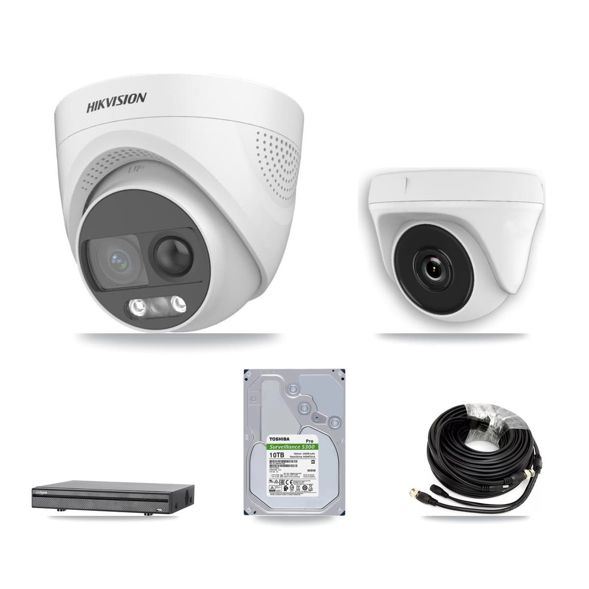 Hikvision & Dahua 8-Channel 2MP – 5MP CCTV Kit — 7 DS-2CE72KF3T 5MP Turret + 1 White HDT-2MP-N20W 2MP Dome Cameras + 10TB Recording (DH-XVR5108H Recorder)