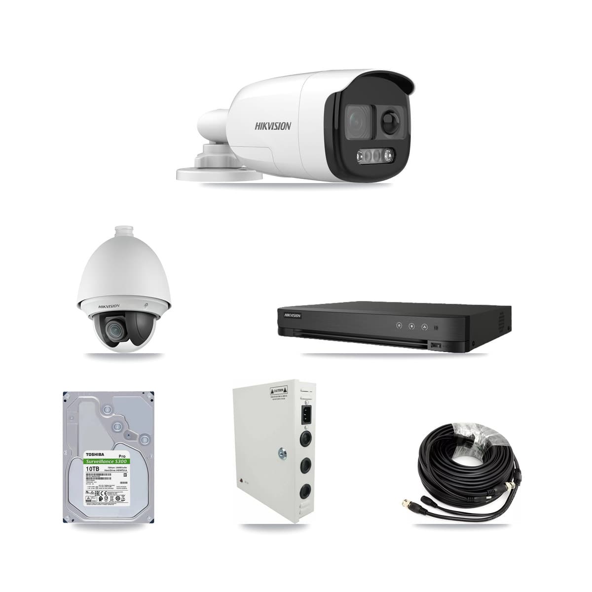 Hikvision 8-Channel 2MP – 5MP CCTV Kit — 1 DS-2AE4225T-A 2MP PTZ + 7 DS-2CE12KF3T-PIRXO 5MP Bullet Cameras + 10TB Recording (IDS-7208HUHI-M1/E Recorder)
