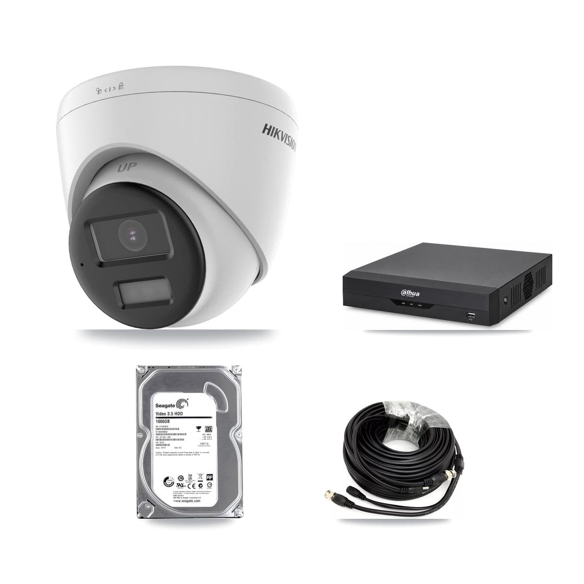Hikvision & Dahua 4-Channel 5MP CCTV Kit — 2 DS-2CE78K0T-LPTS Turret Cameras + 1TB Recording (DH-XVR5104HS-4KL-I2 Recorder) - Image 1