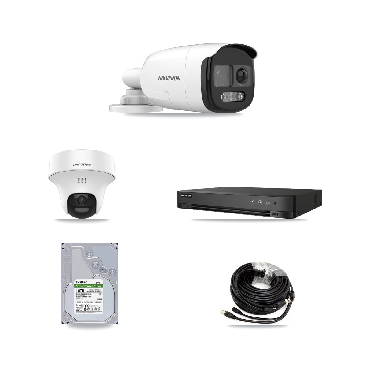 Hikvision 8-Channel 5MP CCTV Kit — 7 DS-2CE12KF3T-PIRXO Bullet + 1 DS-2CE70K0T-PTLTS Turret Cameras + 10TB Recording (IDS-7208HUHI-M1/E Recorder)