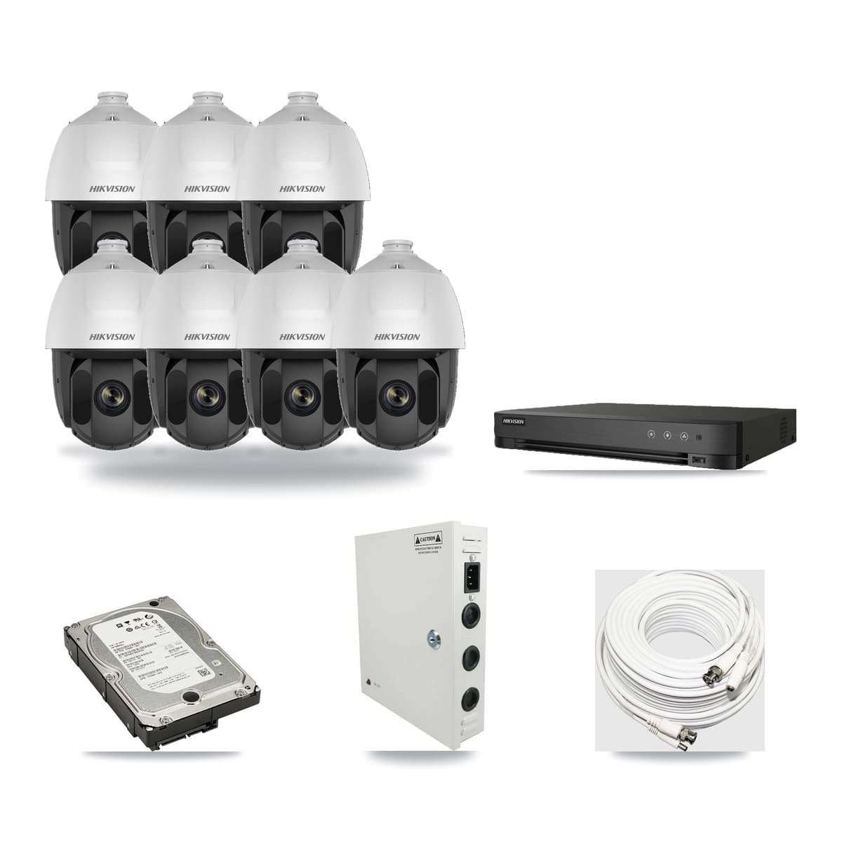 Hikvision 8-Channel 2MP CCTV Kit — 7 DS-2AE5225TI-A-E PTZ Cameras + 5TB Recording (IDS-7208HUHI-M1/E Recorder) - Image 1