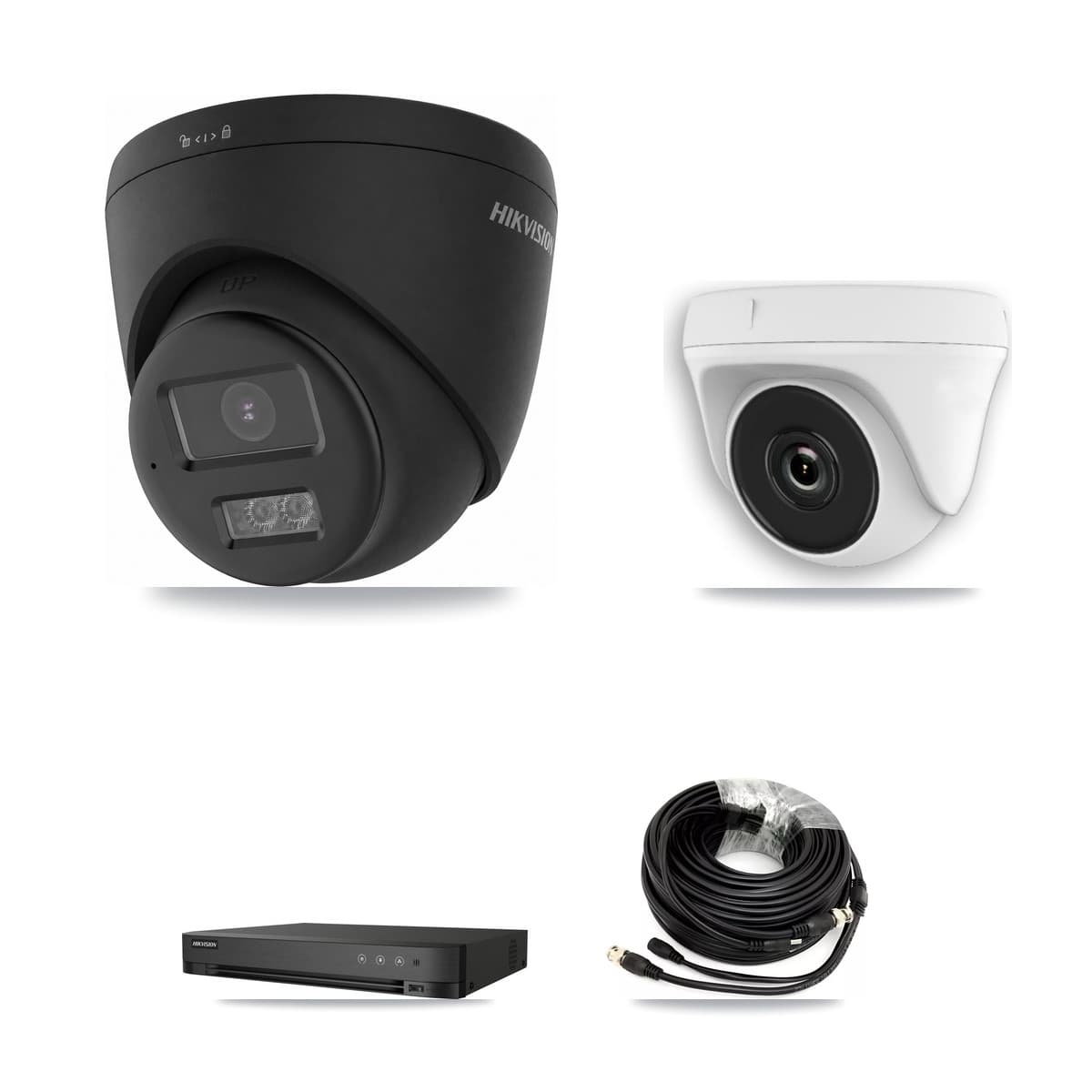 Hikvision 4-Channel 2MP – 4K CCTV Kit — 1 Black 4K Turret + 1 White 2MP Dome Cameras + 3TB Recording (IDS-7204HUHI Recorder)