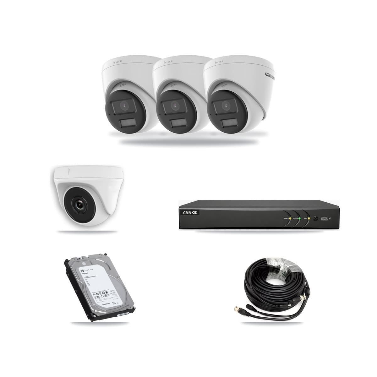 Hikvision & ANNKE 4-Channel 2MP – 4K CCTV Kit — 3 4K Turret + 1 2MP Dome Cameras + 6TB Recording - Image 1