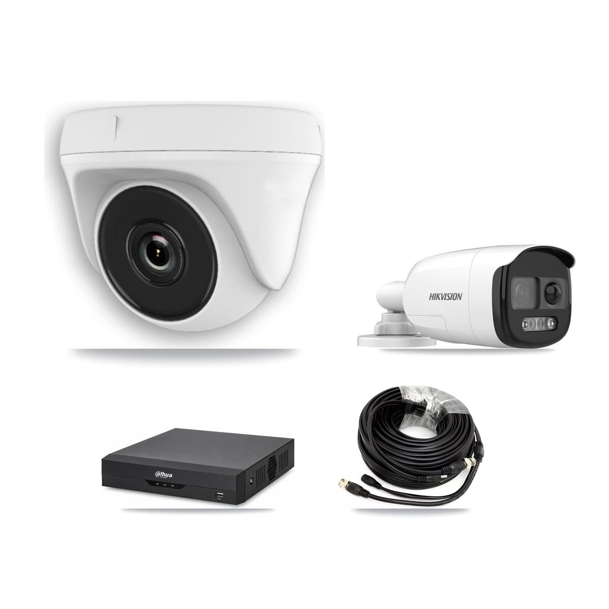 Hikvision & Dahua 4-Channel 2MP – 5MP CCTV Kit — 1 DS-2CE12KF3T 5MP Bullet + 3 White HDT-2MP-N20W 2MP Dome Cameras + 3TB Recording