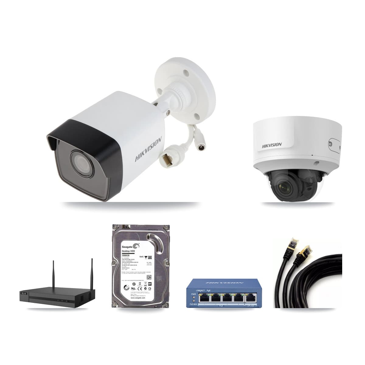 Hikvision & HiLook 4-Channel 2MP – 5MP CCTV Kit — 1 5MP Bullet + 1 2MP Dome Cameras + 2TB Recording