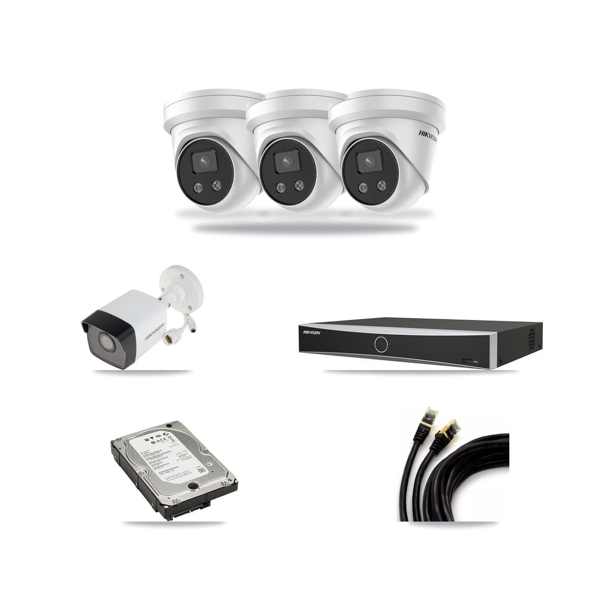 Hikvision 4-Channel 5MP CCTV Kit — 1 DS-2CD1053G0 Bullet + 3 DS-2CD3356G2 Turret Cameras + 5TB Recording - Image 1