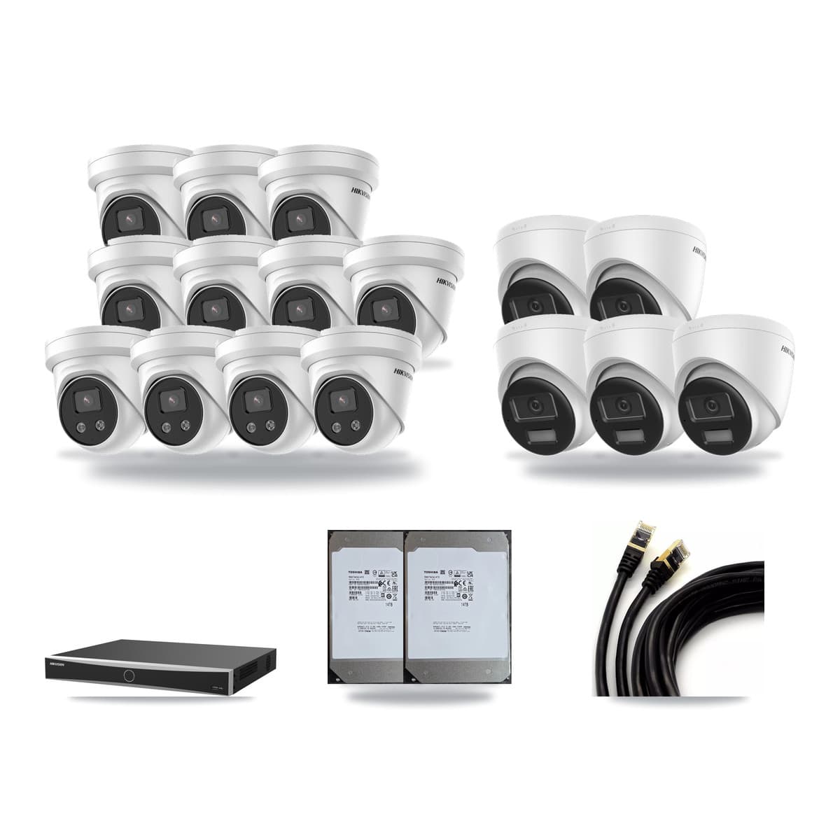 Hikvision 16-Channel 5MP – 4K CCTV Kit — 5 DS-2CD1383G2-LIU 4K + 11 DS-2CD3356G2-ISU 5MP Turret Cameras + 2× 14TB Recording (DS-7616NXI-K2/16P(E) Recorder) - Image 1