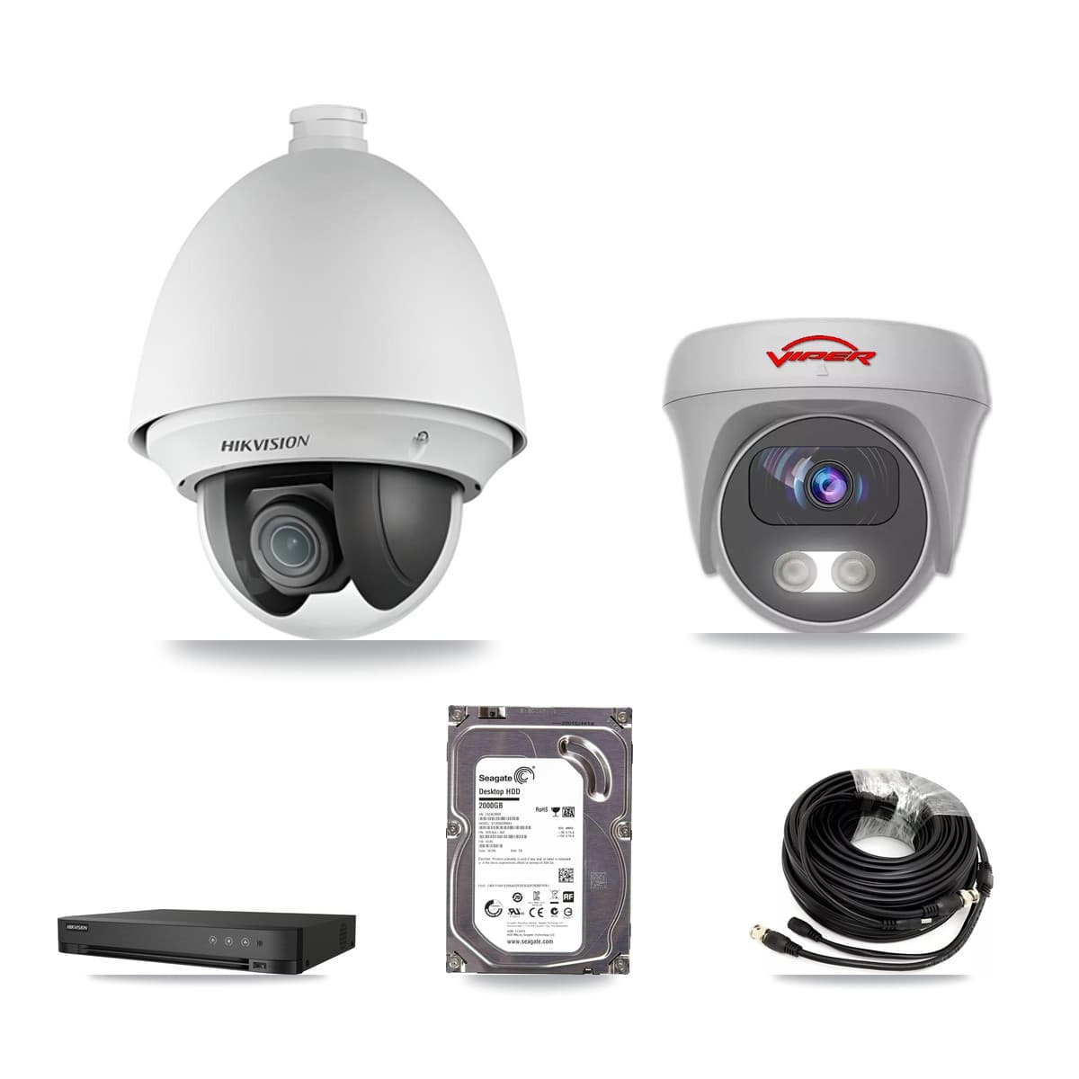 Hikvision & Viper 4-Channel 2MP – 5MP CCTV Kit — 1 2MP PTZ + 1 White 5MP Cameras + 2TB Recording (IDS-7204HUHI Recorder)