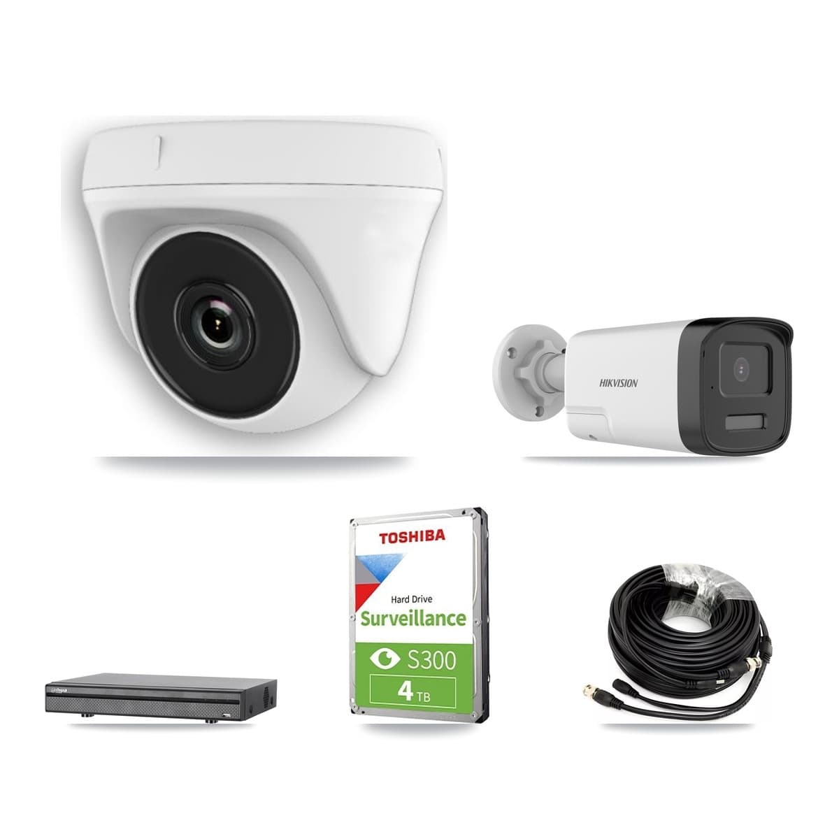 Hikvision & Dahua 8-Channel 2MP – 5MP CCTV Kit — 1 DS-2CE17K0T 5MP Bullet + 4 White HDT-2MP-N20W 2MP Dome Cameras + 4TB Recording