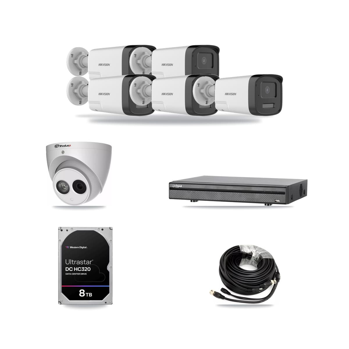 8-Channel 4MP – 5MP CCTV Kit — 5 DS-2CE17K0T 5MP Bullet + 1 PXC-612C4W-A 4MP Turret Cameras + 8TB Recording (DH-XVR5108H Recorder) - Image 1