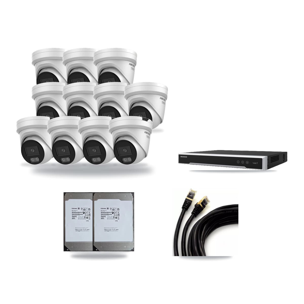 Hikvision 16-Channel 4K CCTV Kit — 11 DS-2CD2387G3 Turret Cameras + 2× 14TB Recording (DS-7616NI-M2 Recorder) - Image 1
