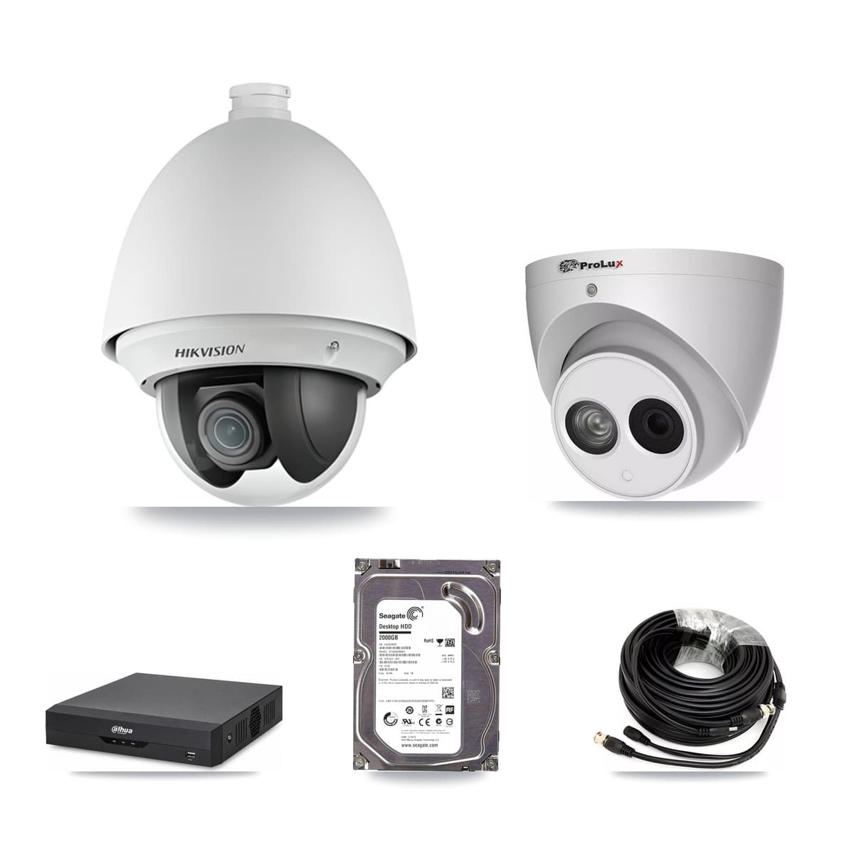 4-Channel 2MP – 4MP CCTV Kit — 1 DS-2AE4225T 2MP PTZ + 1 PXC-612C4W-A 4MP Turret Cameras + 2TB Recording (DH-XVR5104HS Recorder)