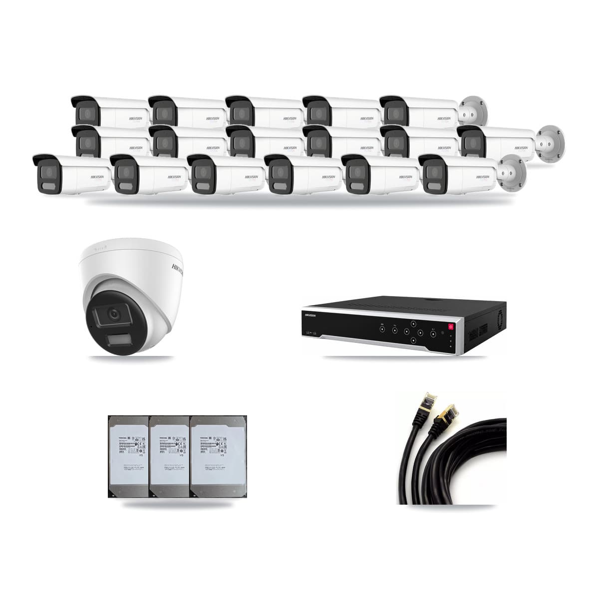 Hikvision 32-Channel 4K CCTV Kit — 1 DS-2CD1383G2-LIU Turret + 17 White DS-2CD2T87G2H-LISU/SL-2.8MM-W Bullet Cameras + 3× 14TB Recording (DS-7732NI-M4/24P Recorder) - Image 1