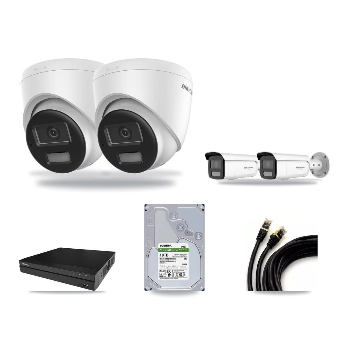 Hikvision & Prolux 8-Channel 4K CCTV Kit — 2 DS-2CD1383G2-LIU Turret + 2 White DS-2CD2T87G2H-LISU/SL-2.8MM-W Bullet Cameras + 10TB Recording (PXN-2108HS-8P-4K Recorder) - Image 1