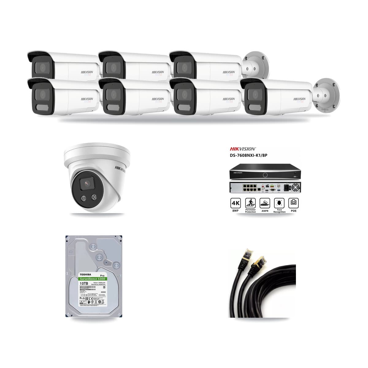 Hikvision 8-Channel 5MP – 4K CCTV Kit — 7 4K Bullet + 1 5MP Turret Cameras + 10TB Recording - Image 1
