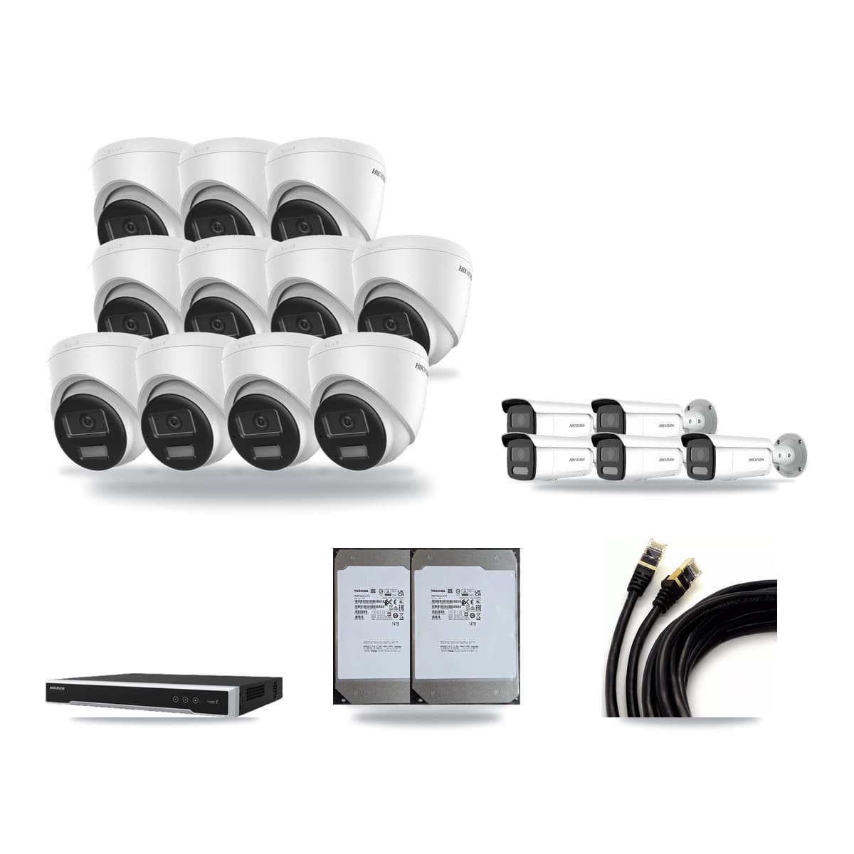 Hikvision 16-Channel 4MP – 4K CCTV Kit — 11 DS-2CD1383G2-LIU 4K Turret + 5 DS-2CD2T47G2H-LISU/SL 4MP Bullet Cameras + 2× 14TB Recording (DS-7616NI-M2/16P Recorder) - Image 1