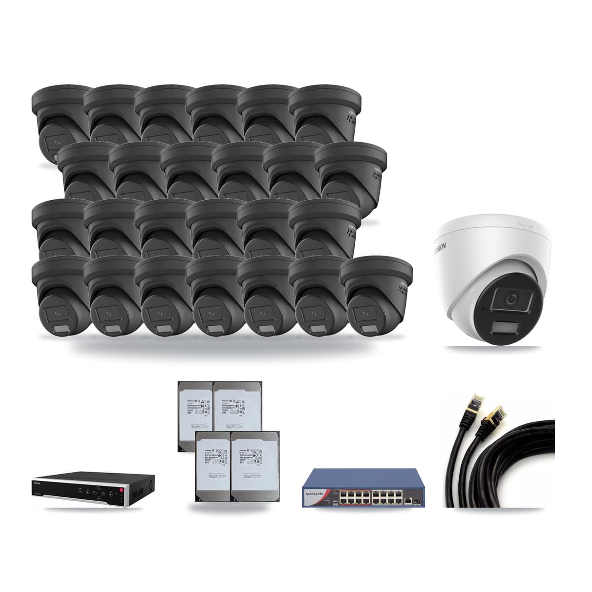 Hikvision 32-Channel 4MP CCTV Kit — 1 DS-2CD1343G2 + 25 DS-2CD2347G2 Turret Cameras + 4× 14TB Recording - Image 1