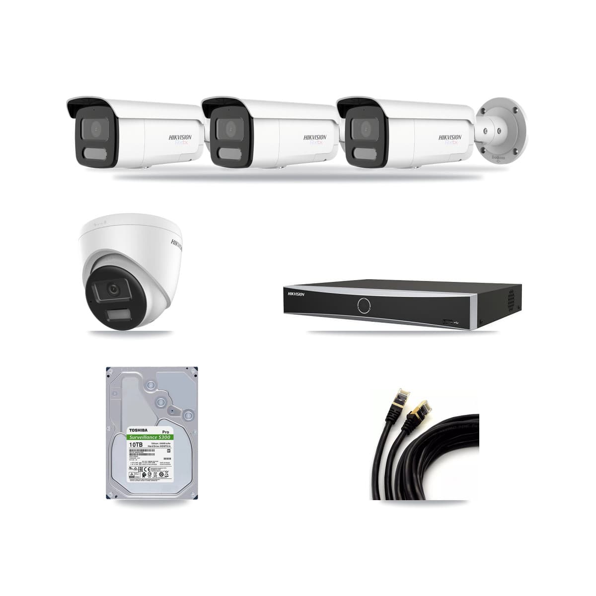Hikvision 4-Channel 4K CCTV Kit — 1 DS-2CD1383G2-LIUF/SL Turret + 3 White DS-2CD2T87G2H-LISU/SL-2.8MM-W Bullet Cameras + 10TB Recording (DS-7604NXI-K1/4P Recorder) - Image 1