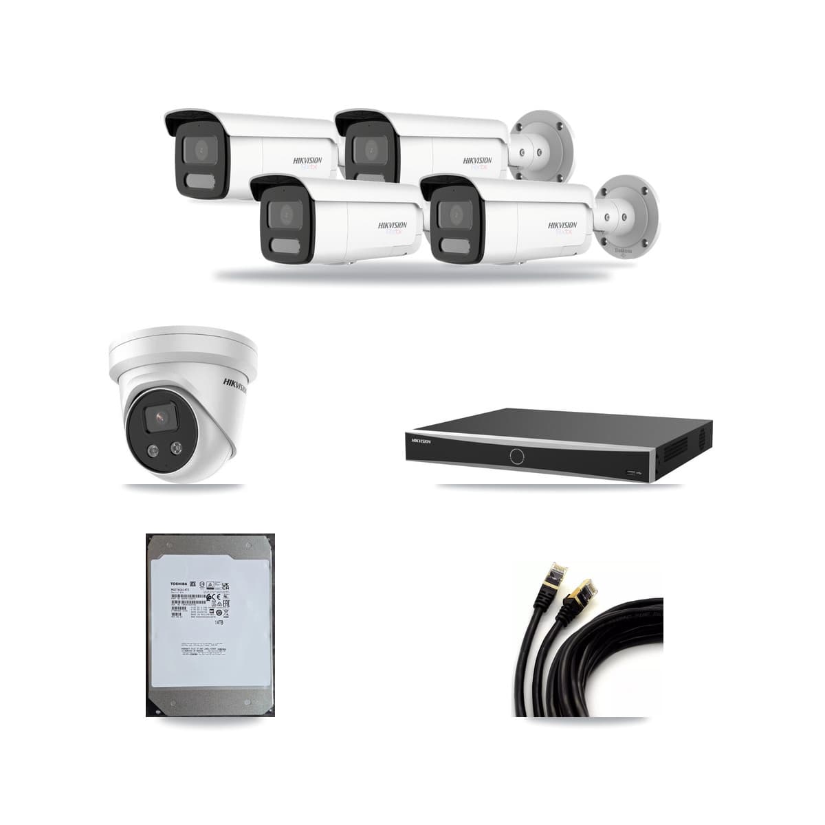 Hikvision 16-channel CCTV kit: 5 cameras (4× 4K Bullet + 1× 5MP Turret), 14TB hard drive