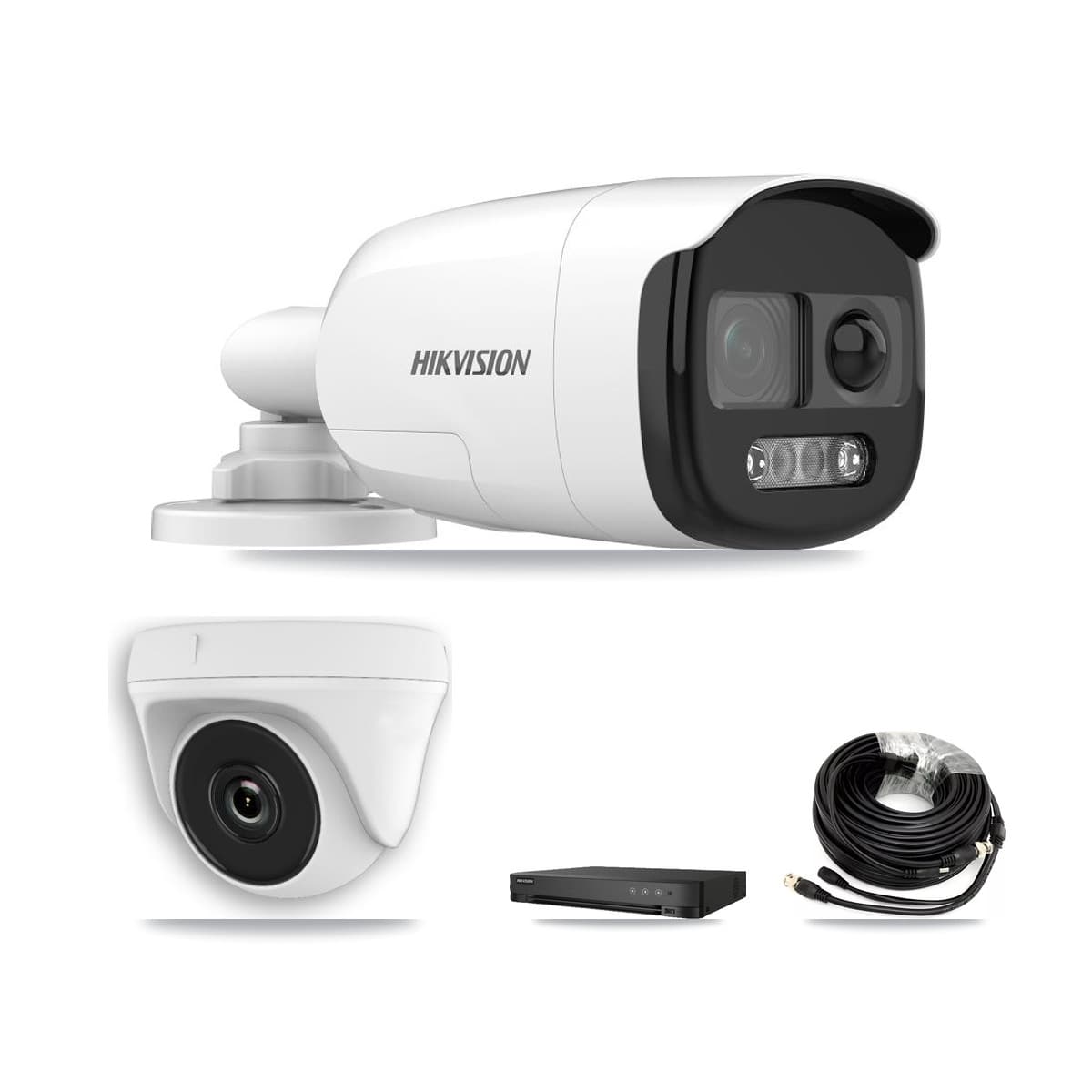 Hikvision 8-Channel 2MP – 5MP CCTV Kit — 2 DS-2CE12KF3T 5MP Bullet + 1 White HDT-2MP-N20W 2MP Dome Cameras + 3TB Recording (IDS-7208HQHI Recorder)