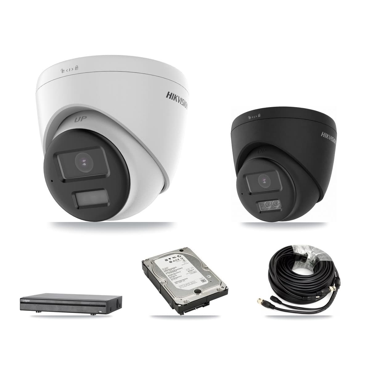 Hikvision & Dahua 8-Channel 5MP – 4K CCTV Kit — 2 DS-2CE78K0T-LPTS 5MP + 1 Black DS-2CE78U0T-LTS-BLACK 4K Turret Cameras + 5TB Recording (DH-XVR5108H-4KL-X-8P Recorder)