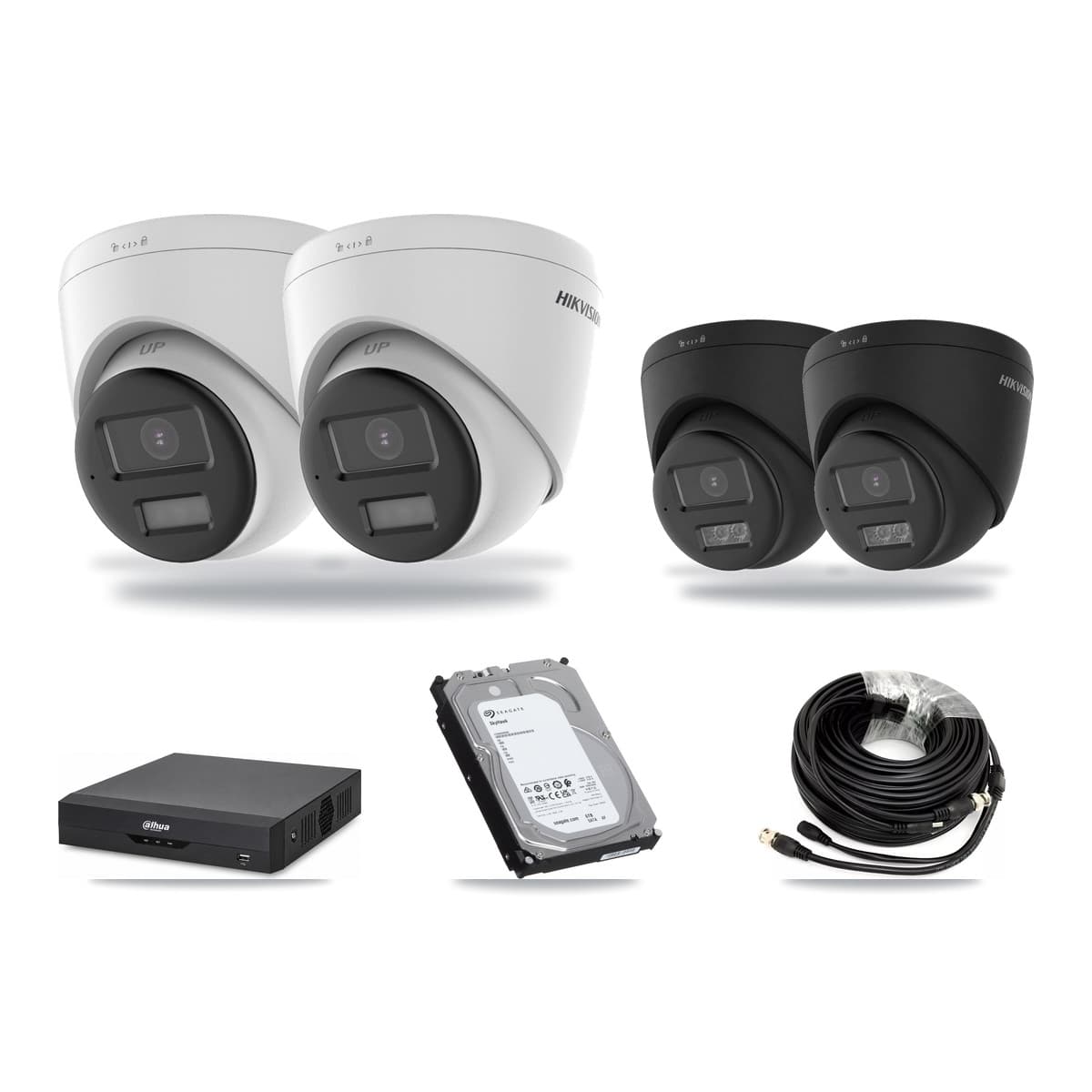 Hikvision & Dahua 4-Channel 5MP – 4K CCTV Kit — 2 DS-2CE78K0T-LPTS 5MP + 2 Black DS-2CE78U0T-LTS-BLACK 4K Turret Cameras + 6TB Recording (DH-XVR5104HS-4KL-I2 Recorder) - Image 1