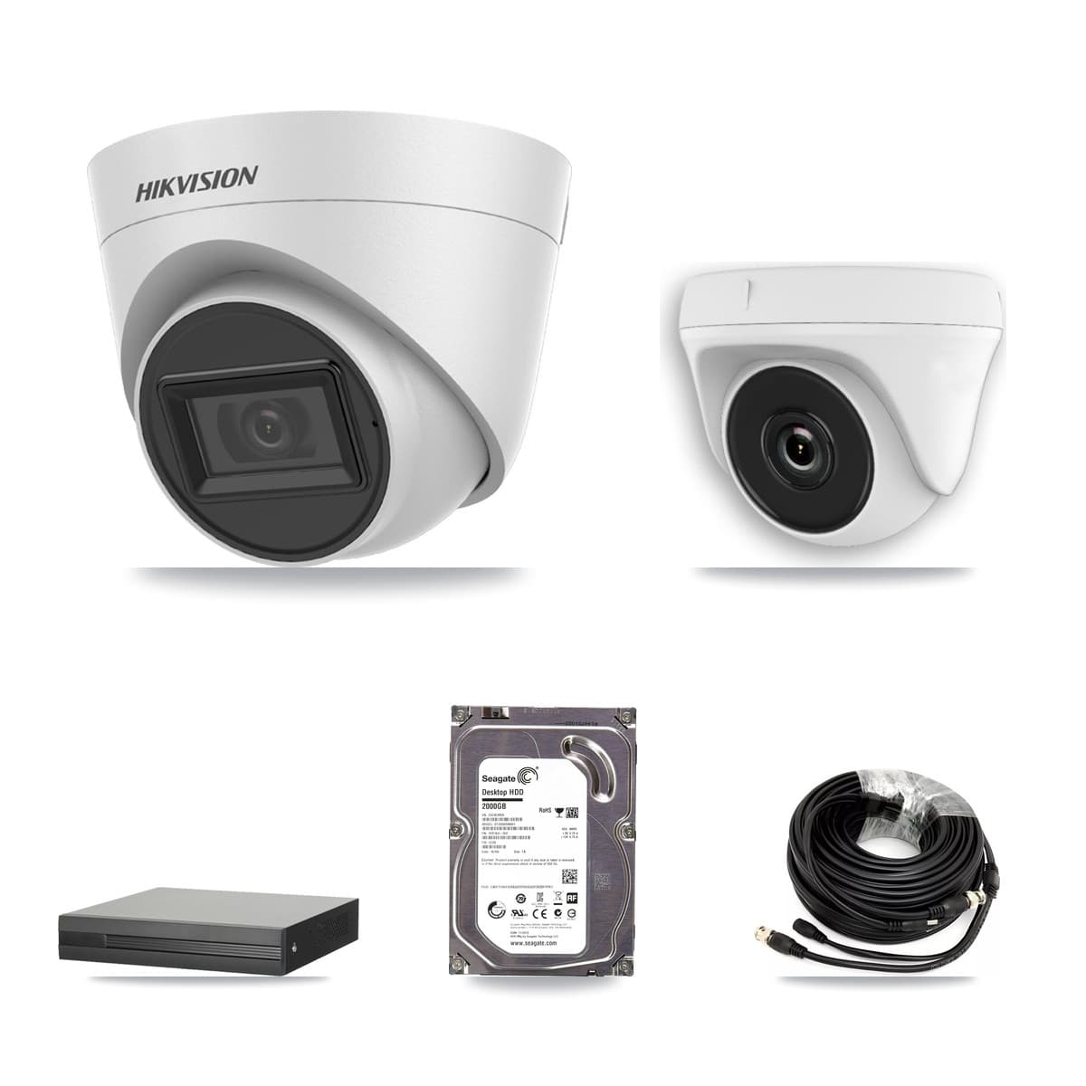 Hikvision 4-Channel 2MP – 5MP CCTV Kit — 1 White 5MP Turret + 1 White 2MP Dome Cameras + 2TB Recording (XVR-3104HS Recorder)