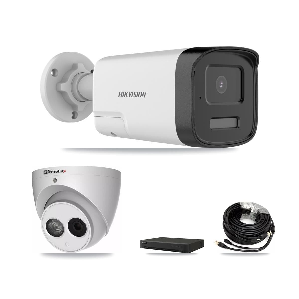 Hikvision & Prolux 8-Channel 4MP – 5MP CCTV Kit — 5 DS-2CE17K0T-LXTS 5MP Bullet + 1 PXC-612C4W-A-POC 4MP Turret Cameras + 8TB Recording (IDS-7208HUHI-M1/XT Recorder)