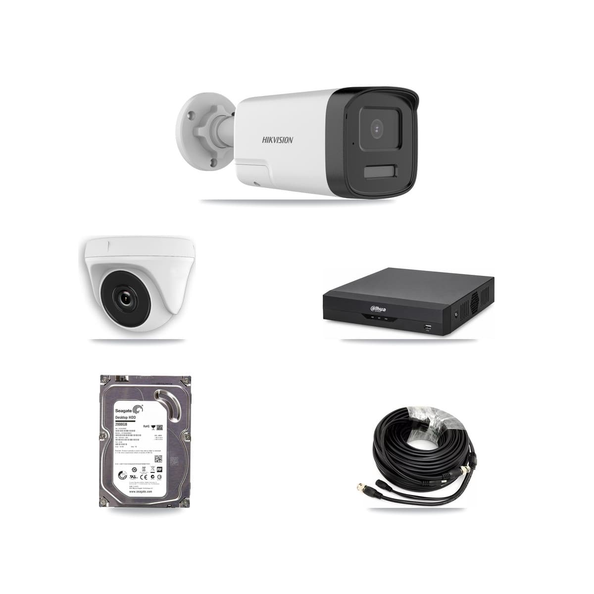 Hikvision & Dahua 4-Channel 2MP – 5MP CCTV Kit — 1 DS-2CE17K0T 5MP Bullet + 1 White HDT-2MP-N20W 2MP Dome Cameras + 2TB Recording