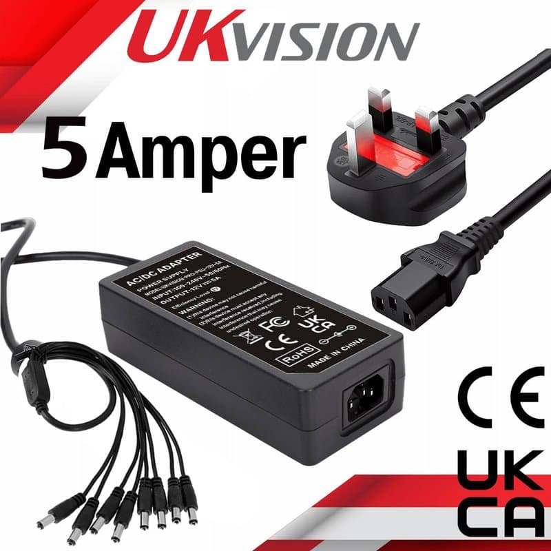 12V 5A Power Supply with Built-in 8-Way Splitter – UK Plug, Boxed