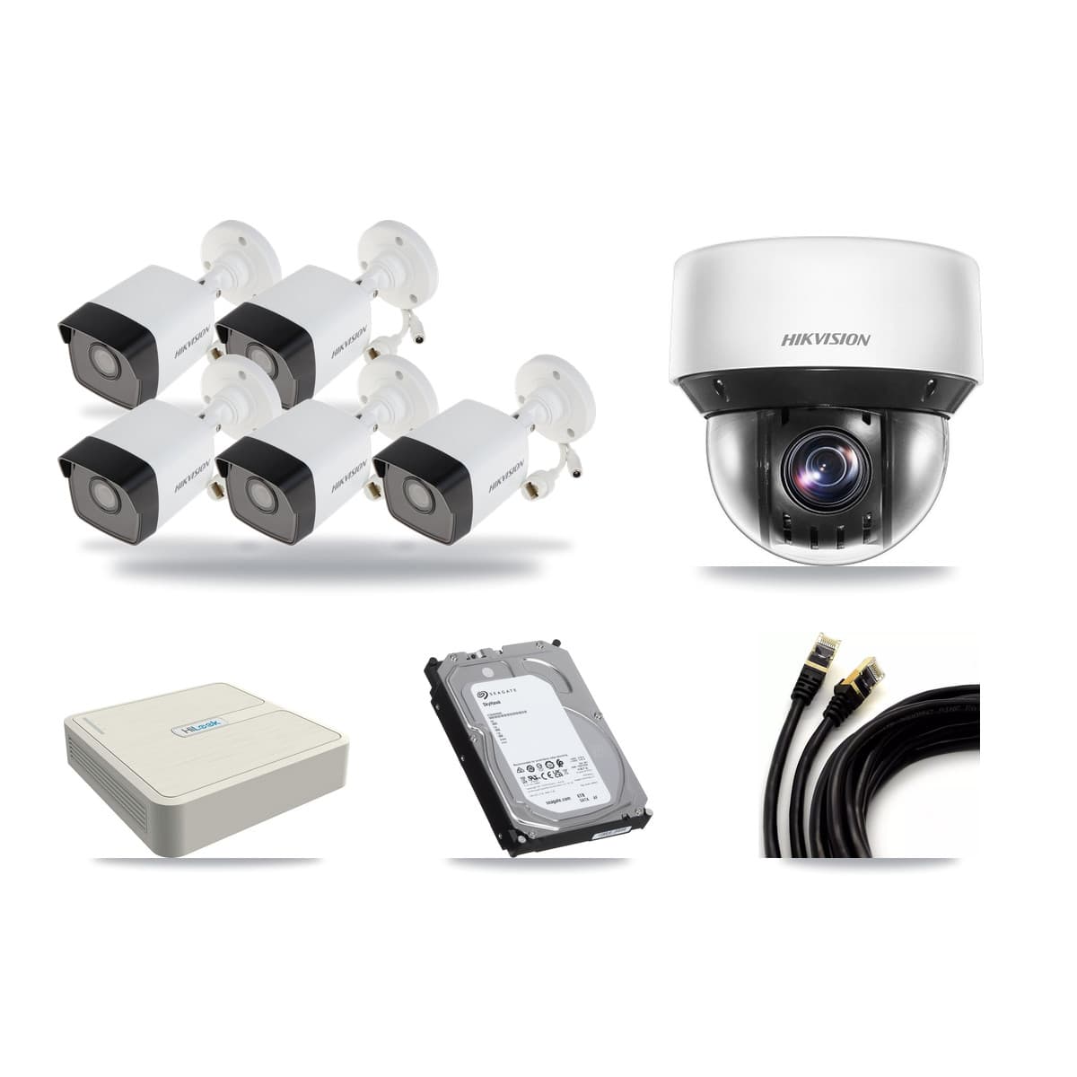 Hikvision & HiLook 8-Channel 4MP – 5MP CCTV Kit — 5 DS-2CD1053G0 5MP Bullet + 1 DS-2DE4A425IW 4MP PTZ Cameras + 6TB Recording - Image 1