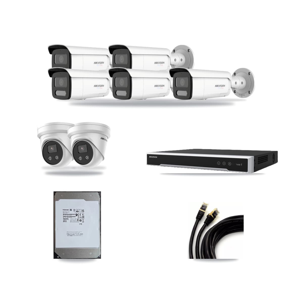 Hikvision 8-channel CCTV kit: 7 cameras (5× 4K Bullet + 2× 5MP Turret), 14TB hard drive