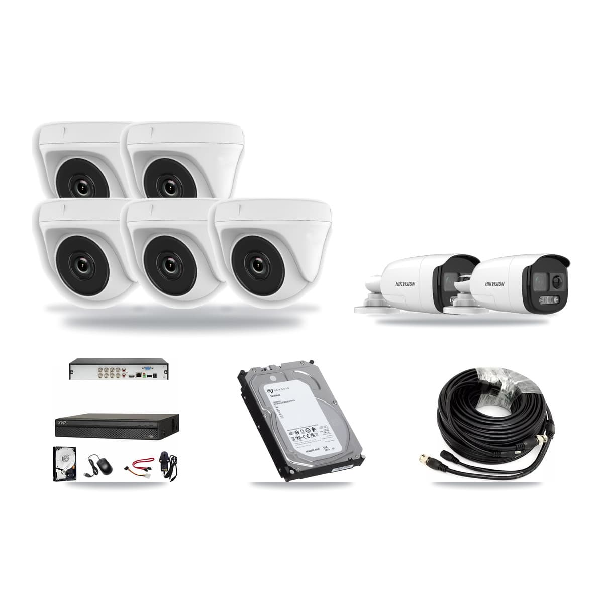 Hikvision & Dahua 8-Channel 2MP – 5MP CCTV Kit — 2 5MP Bullet + 5 White 2MP Dome Cameras + 6TB Recording (XVR-3108AD Recorder) - Image 1