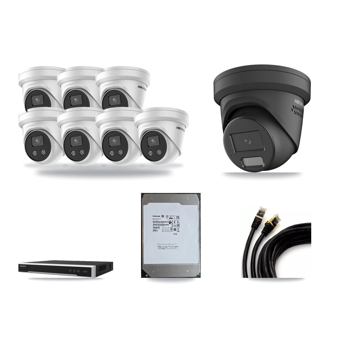 Hikvision 16-Channel 4MP – 5MP CCTV Kit — 1 Black 4MP + 7 5MP Turret Cameras + 14TB Recording (DS-7616NI-M2 Recorder) - Image 1