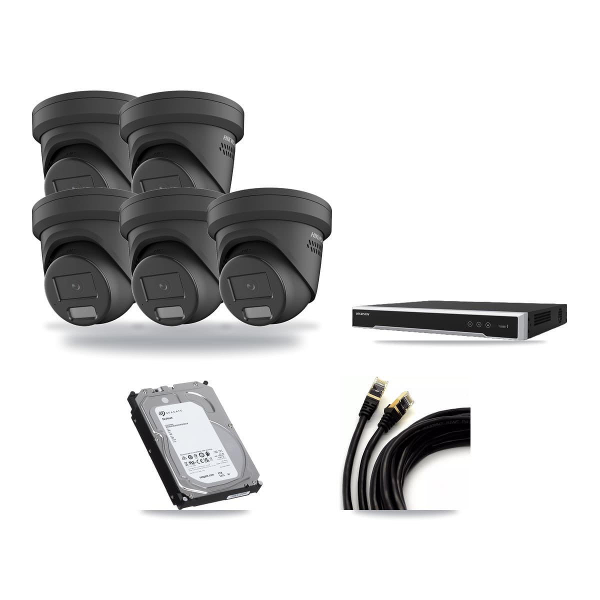 Hikvision 8-Channel 4MP CCTV Kit — 5 Black Turret Cameras + 6TB Recording (DS-7608NI-M2 Recorder) - Image 1