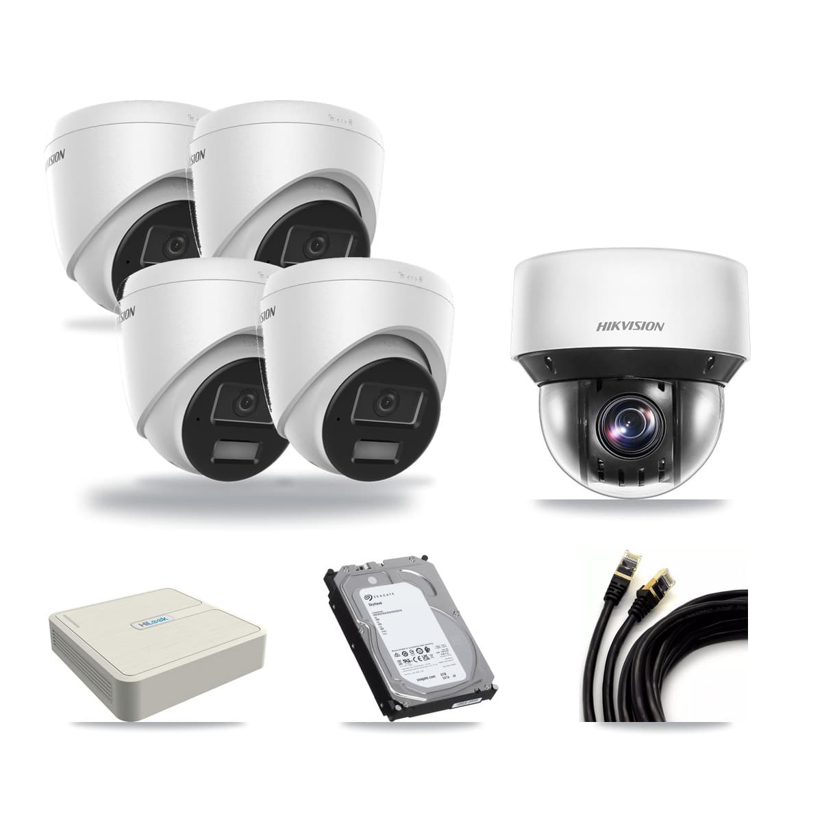 Hikvision & HiLook 8-Channel 4MP CCTV Kit — 4 DS-2CD1343G2 Turret + 1 DS-2DE4A425IW PTZ Cameras + 6TB Recording - Image 1
