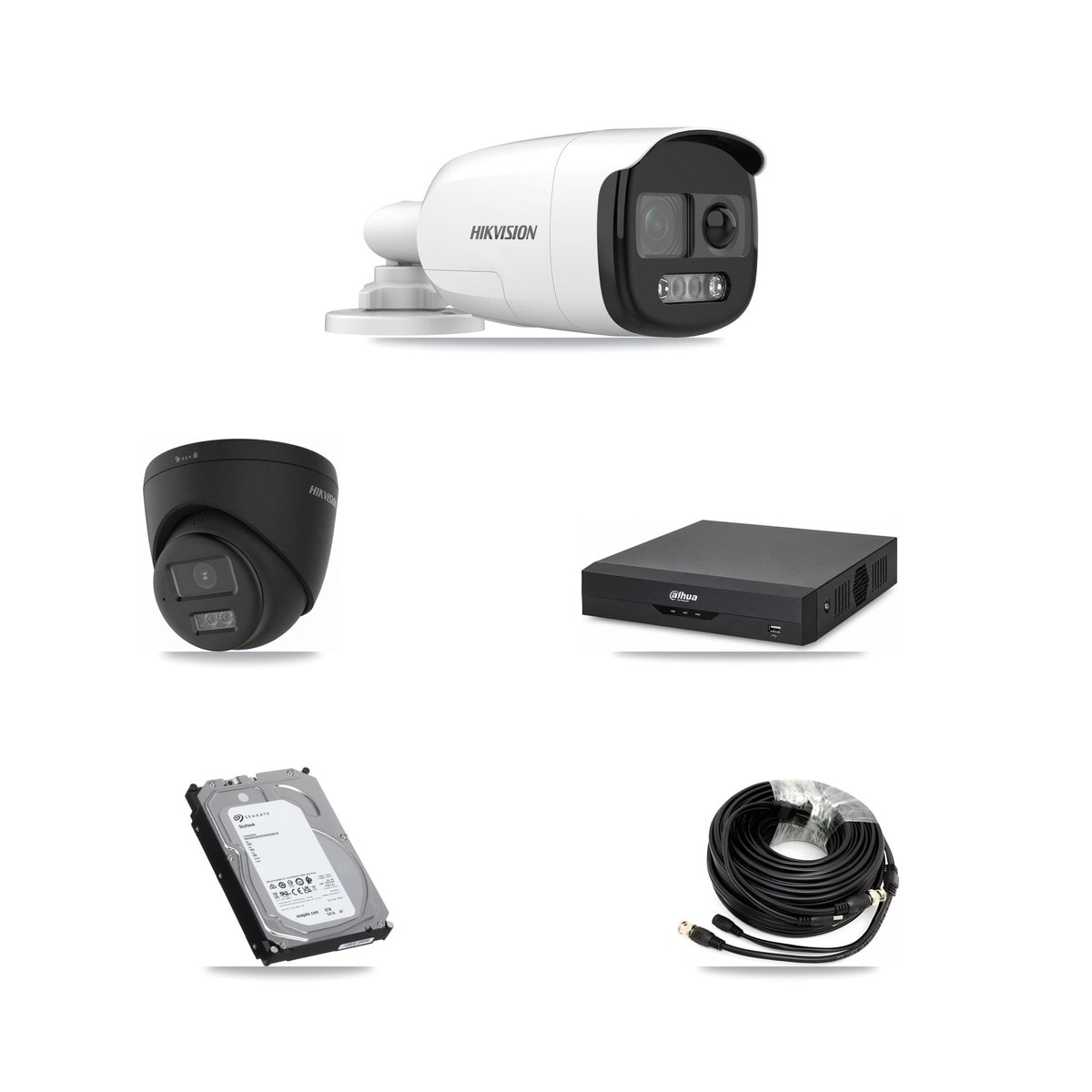 Hikvision & Dahua 4-Channel 5MP – 4K CCTV Kit — 2 5MP Bullet + 1 Black 4K Turret Cameras + 6TB Recording