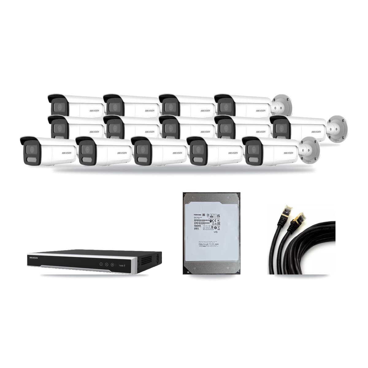 Hikvision 16-Channel 4MP – 5MP CCTV Kit — 14 4MP Bullet + 1 5MP Dome Cameras + 14TB Recording (DS-7616NI-M2 Recorder) - Image 1