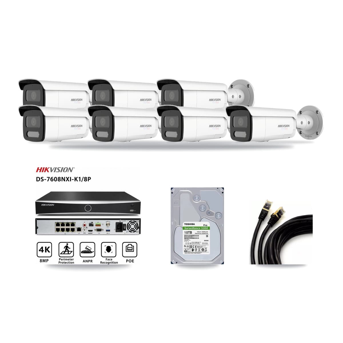 Hikvision 8-Channel 4K CCTV Kit — 7 White Bullet Cameras + 10TB Recording - Image 1