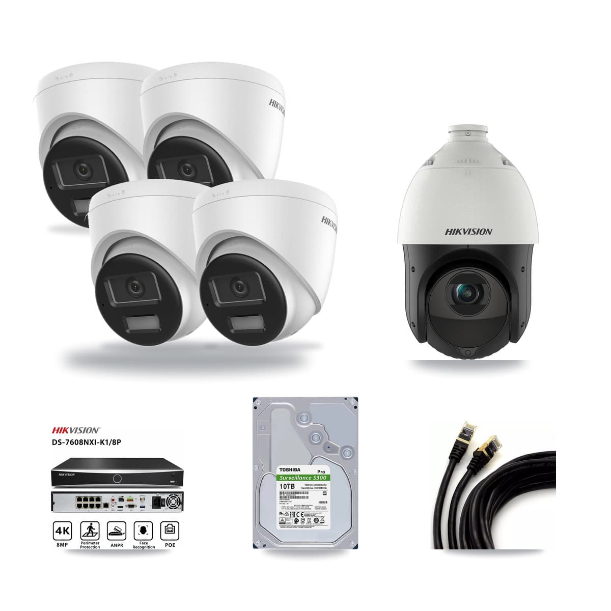 Hikvision 8-Channel 4MP – 4K CCTV Kit — 4 4K Turret + 1 4MP PTZ Cameras + 10TB Recording - Image 1