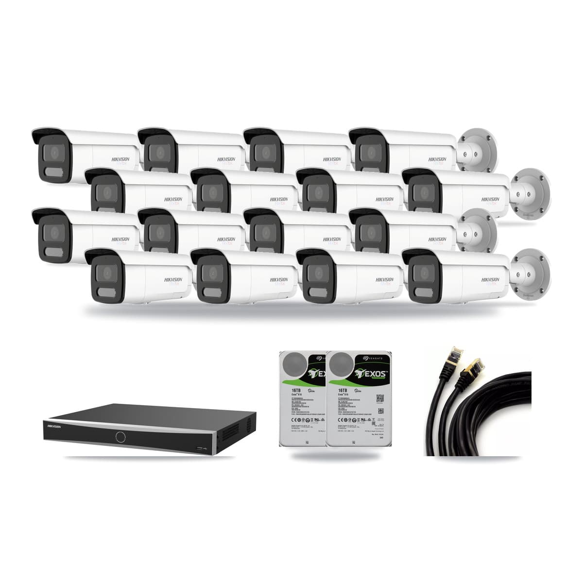 Hikvision 16-Channel 4K CCTV Kit — 16 White Bullet Cameras + 2× 16TB Recording (DS-7616NXI Recorder) - Image 1